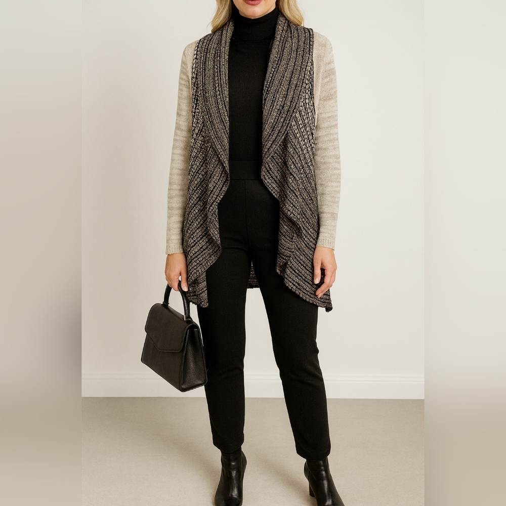 Sioni Studio Open Front Knit Cardigan Sweater Gray Black Patterned